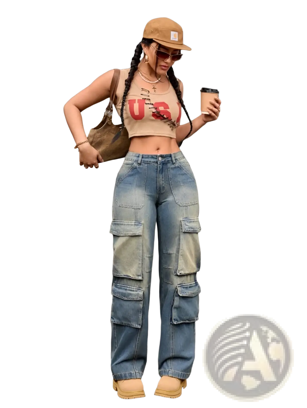 Tan cap with a small white logo on the front paired with washed denim cargo pants straight jeans