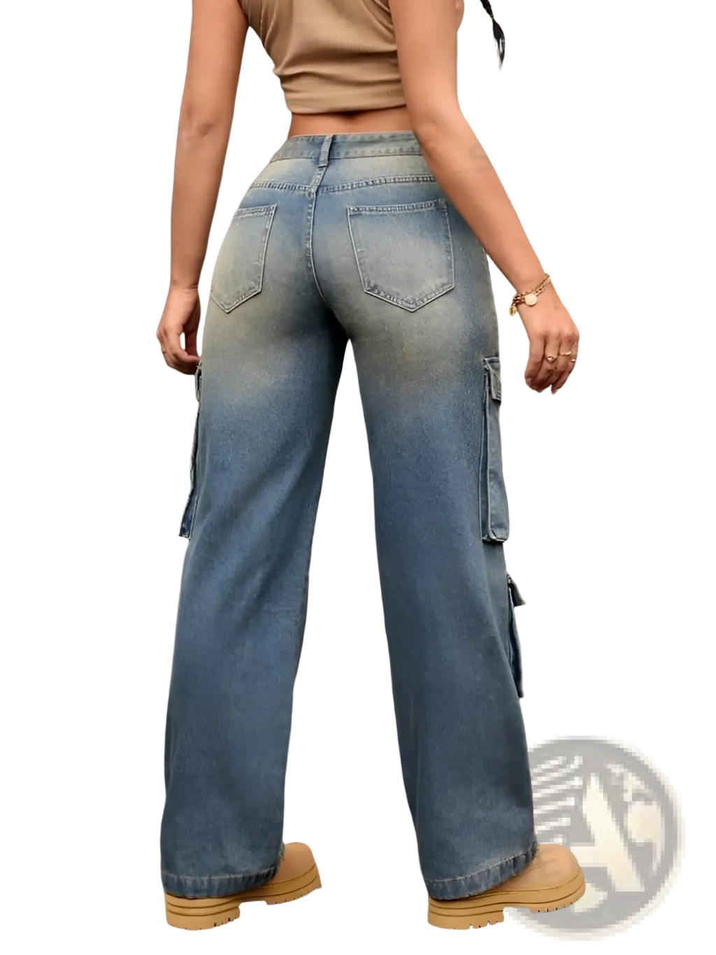 Washed denim cargo pants straight jeans in faded blue with wide-leg fit and functional cargo pockets