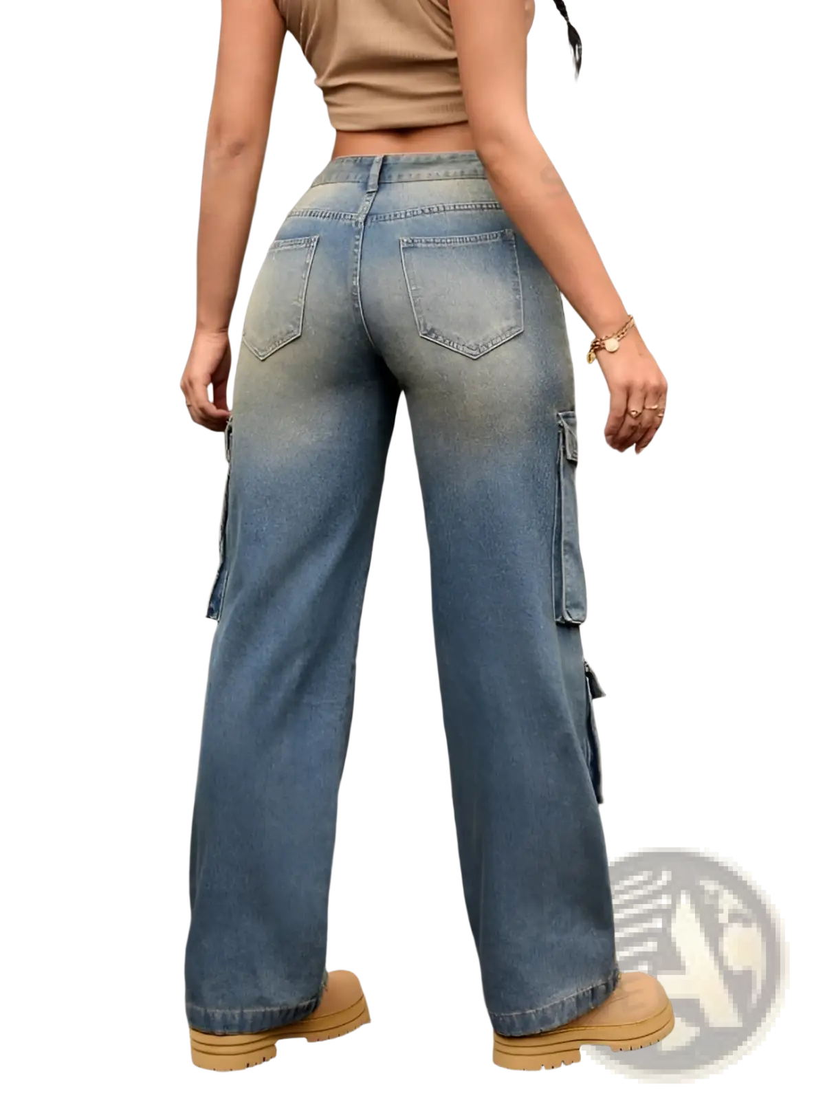 Washed denim cargo pants straight jeans in faded blue with wide-leg fit and functional cargo pockets