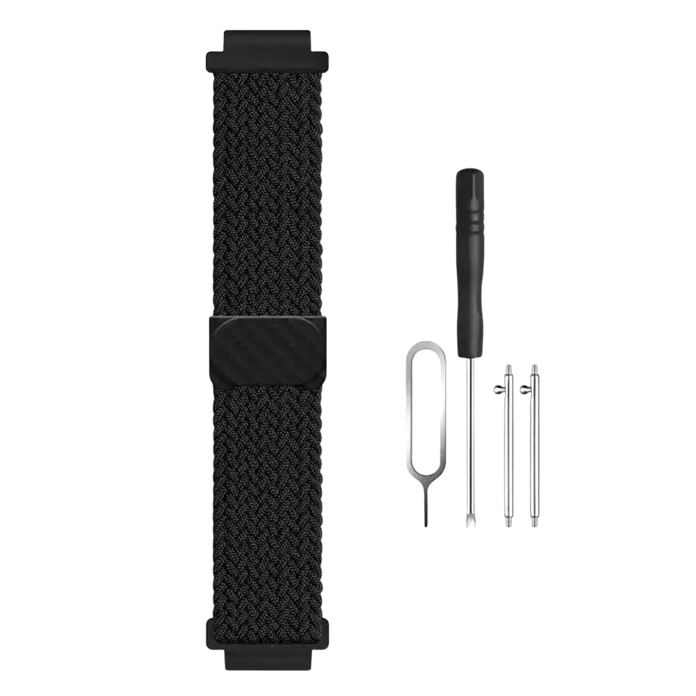 Black woven nylon watch band with carbon fiber buckle for 16mm kids smartwatch ideal for busy school use