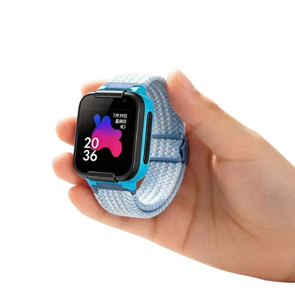 Blue children’s smartwatch with light blue breathable nylon watch band designed for busy school use