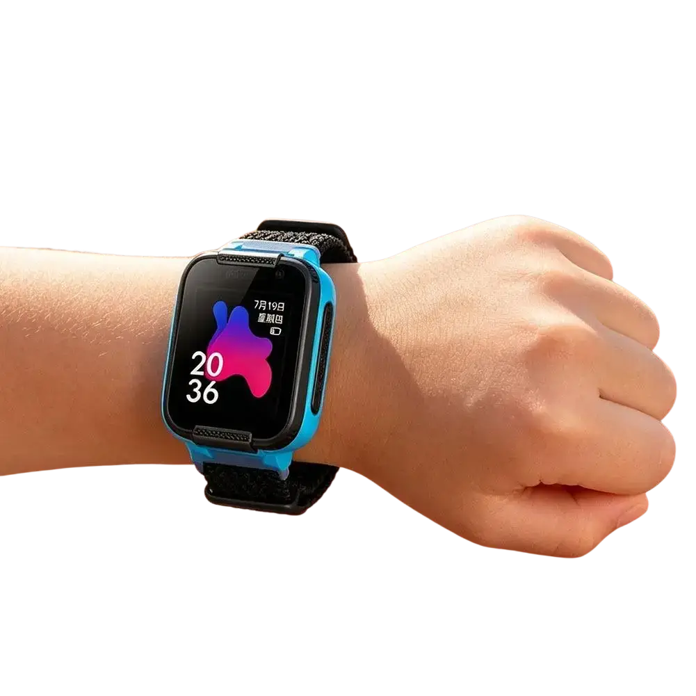 Blue children’s smartwatch with black breathable nylon watch band designed for busy school and active use