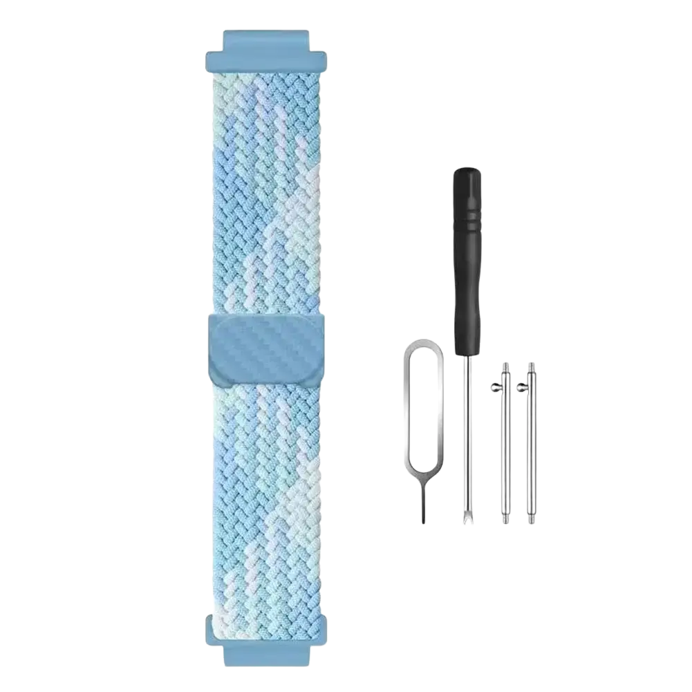 Light blue braided silicone watch band with matching buckle for 17mm kids smartwatch ideal for busy school use