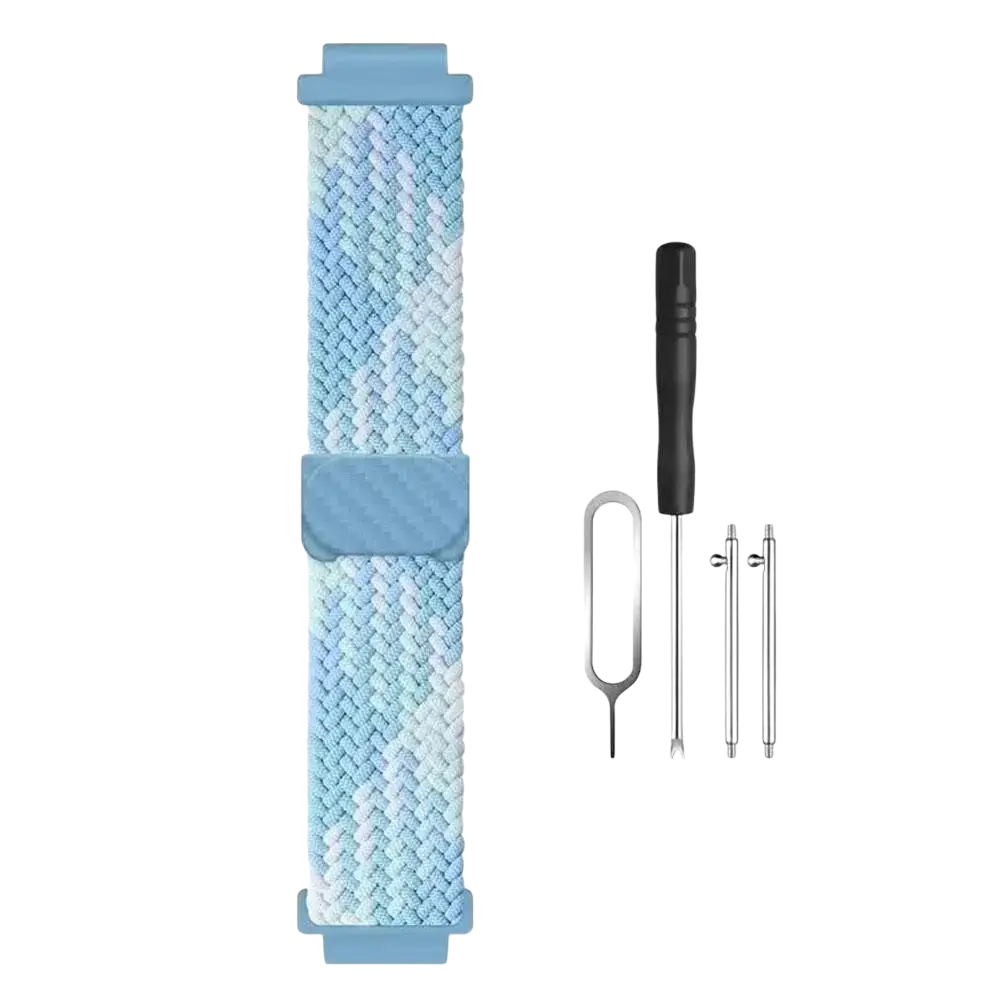 Light blue braided nylon watch band with plastic buckle for kids smartwatch ideal for busy school use 15mm width