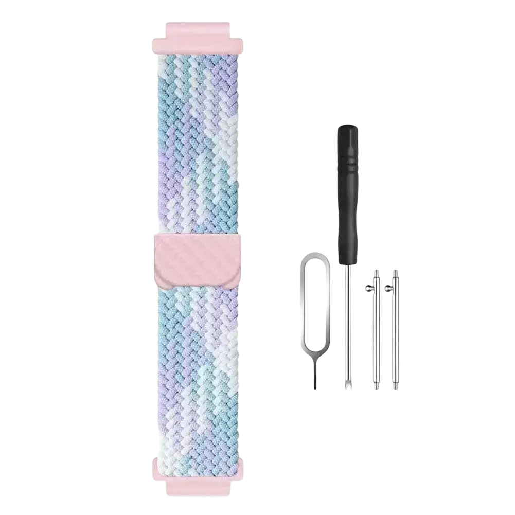 Pastel gradient braided nylon watch band with pink silicone clasp for 15mm kids smartwatch ideal for busy school use
