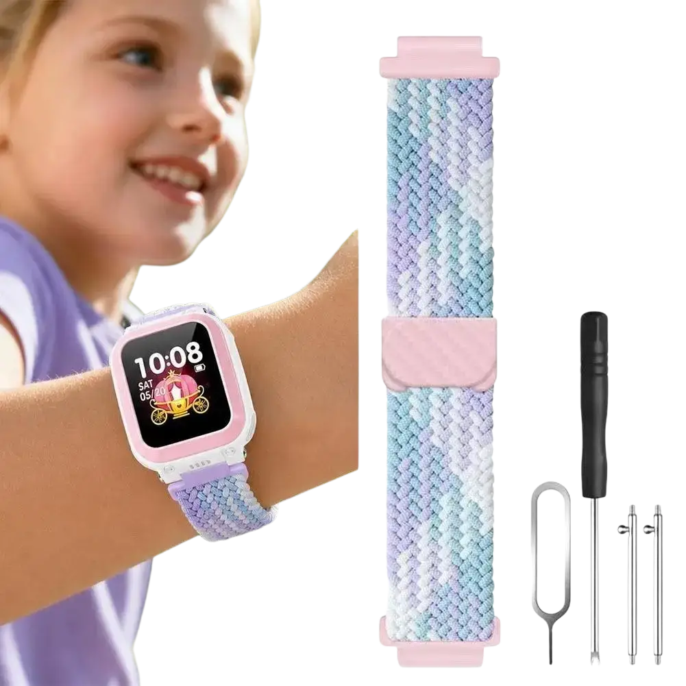 Pastel pink and lavender braided silicone watch band with matching clasp for kids smartwatch during busy school days