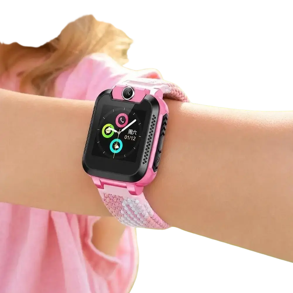 Pink children’s smartwatch with breathable nylon woven watch band and black casing ideal for busy school use