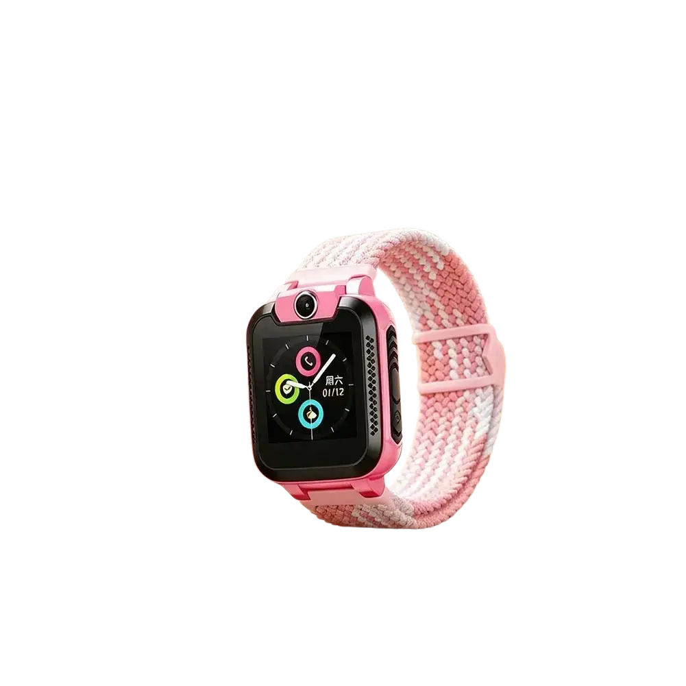 Pink children’s smartwatch with breathable nylon woven pink and white watch band for busy school use