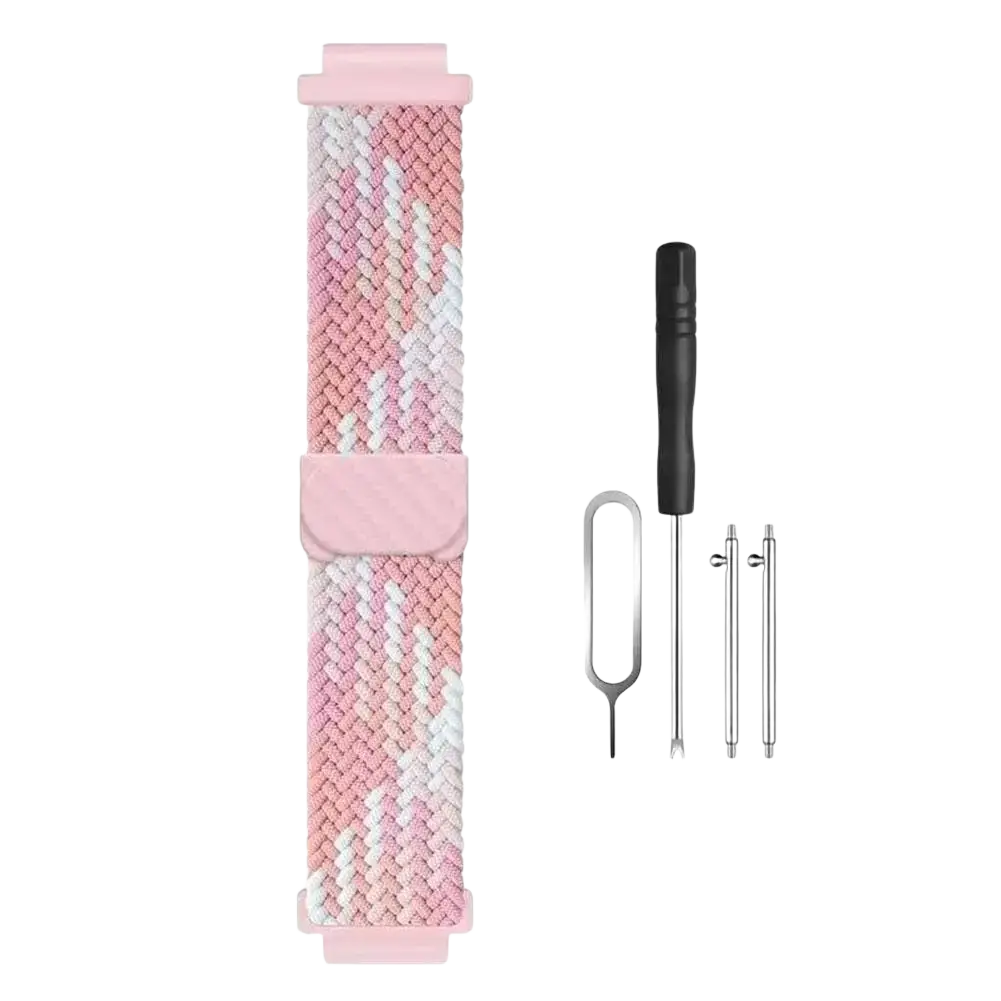 Pink and white braided nylon watch band with pink buckle for kids smartwatch designed for busy school 15mm watches