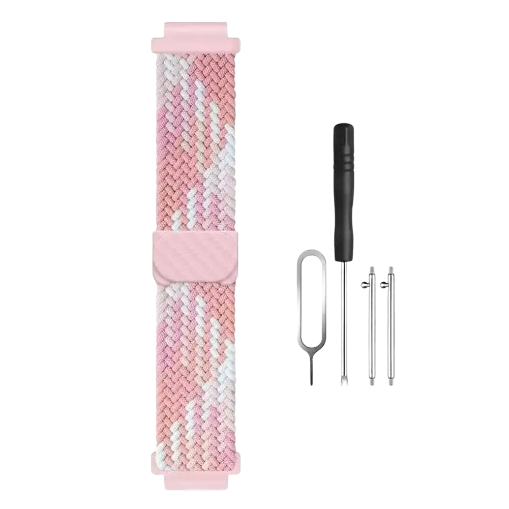 Pink and white braided nylon watch band with matching pink buckle for 16mm kids smartwatch in busy school use