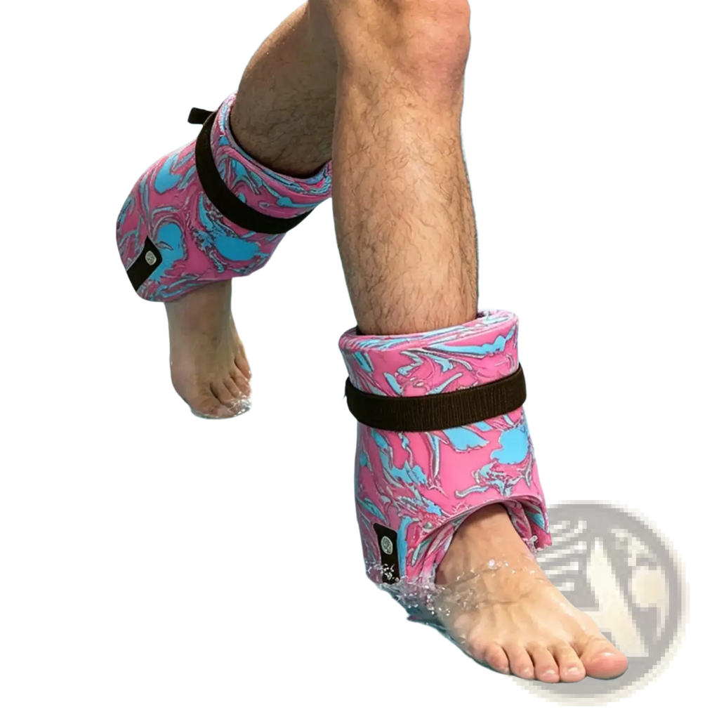 Pink and blue marbled swim ankle weights with black adjustable straps for water aerobics and pool exercise