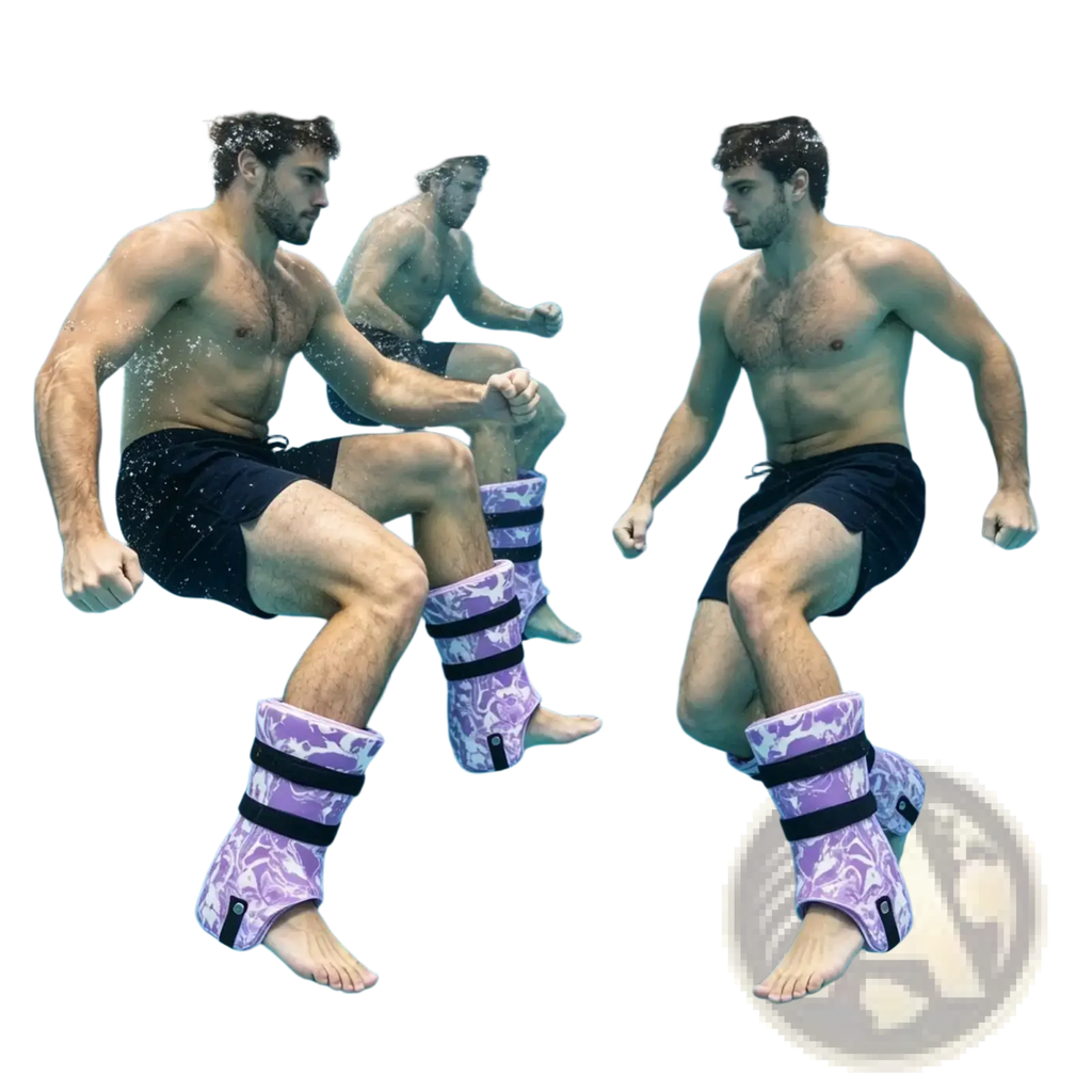 Water aerobics ankle weights with purple and black floral pattern designed for pool exercise resistance training