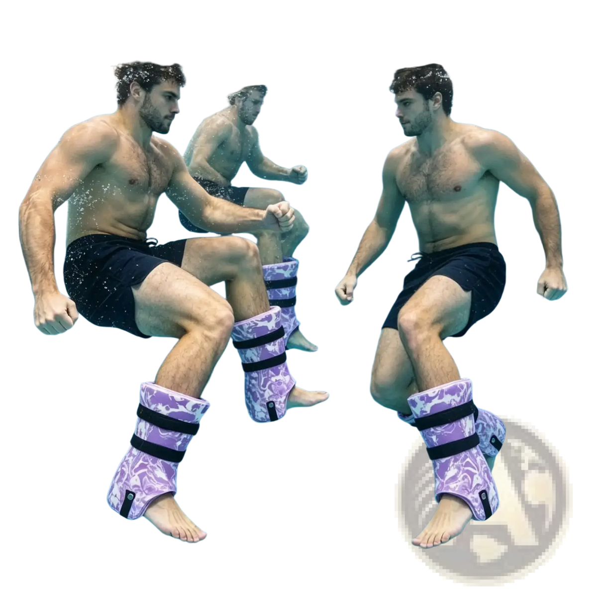 Water aerobics ankle weights with purple and black floral pattern designed for pool exercise resistance training