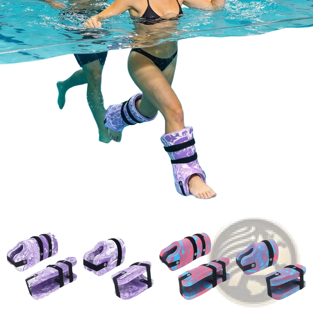 Water aerobics ankle weights with purple and blue marbled design and black adjustable straps for pool exercise
