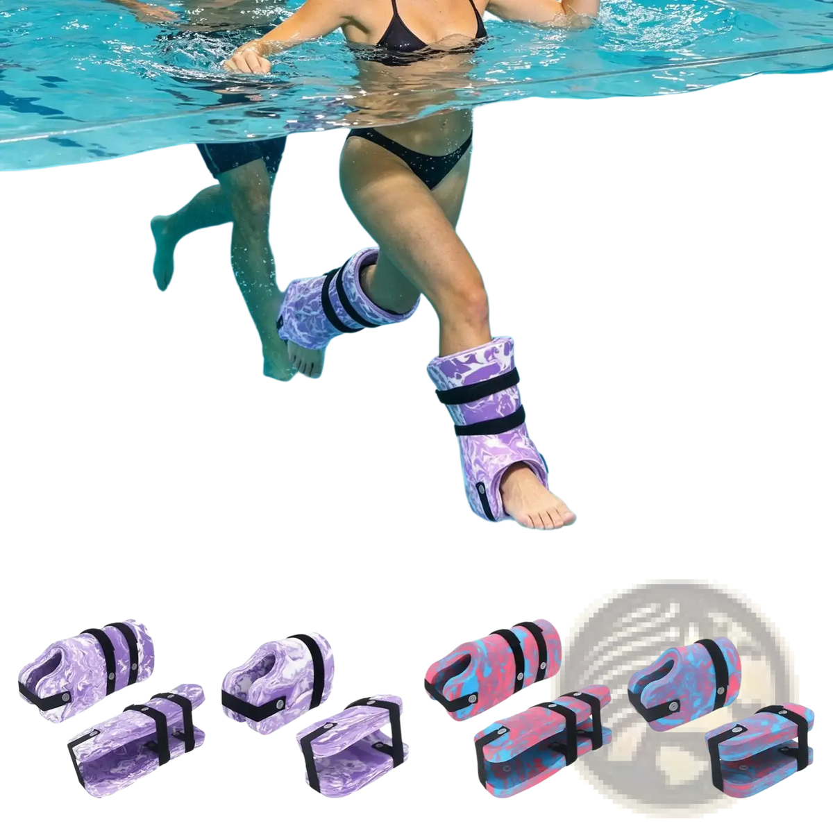 Water aerobics ankle weights with purple and blue marbled design and black adjustable straps for pool exercise