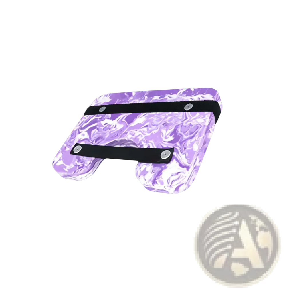 Purple marbled silicone wallet with black elastic straps and silver metal fasteners designed for water aerobics use