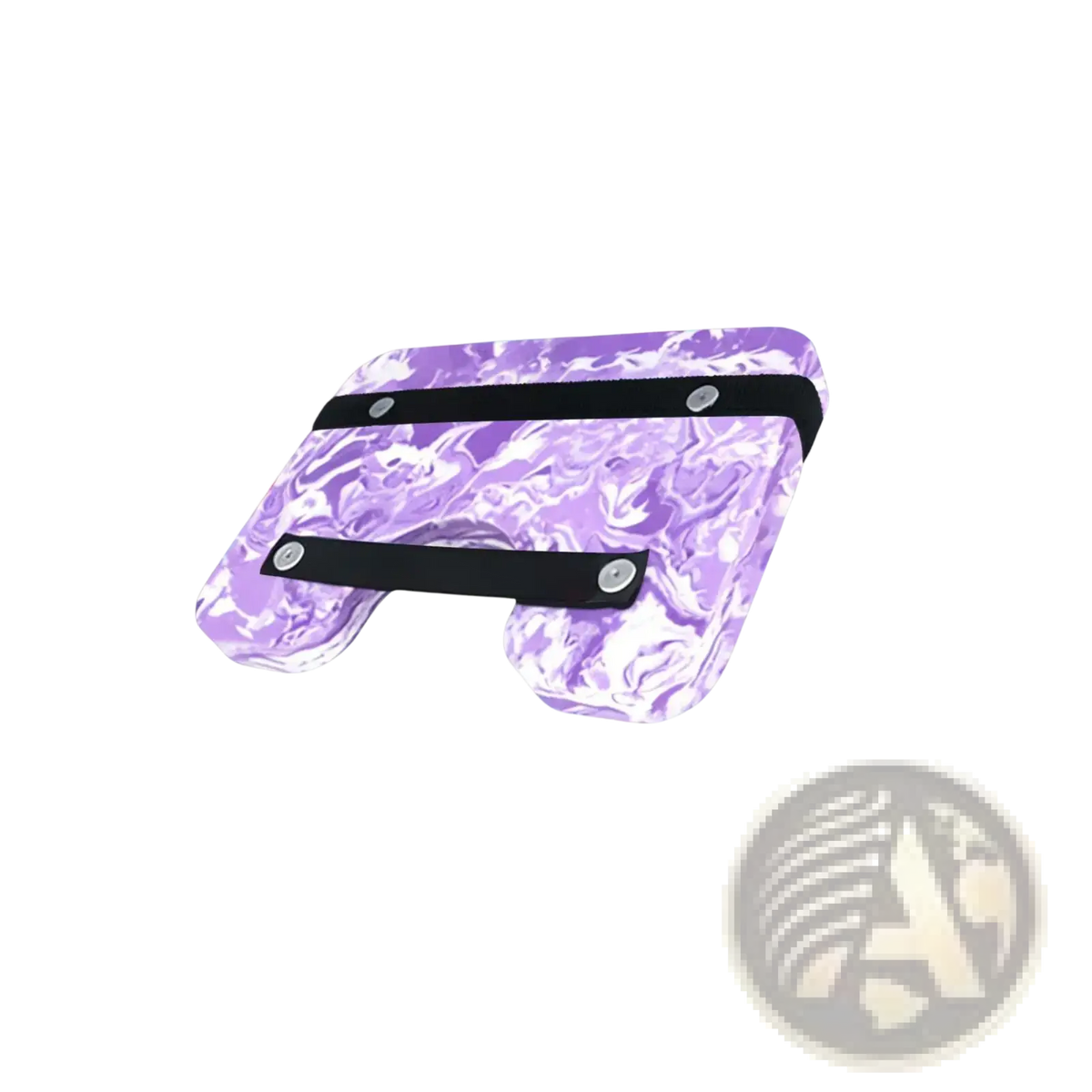 Purple marbled silicone wallet with black elastic straps and silver metal fasteners designed for water aerobics use