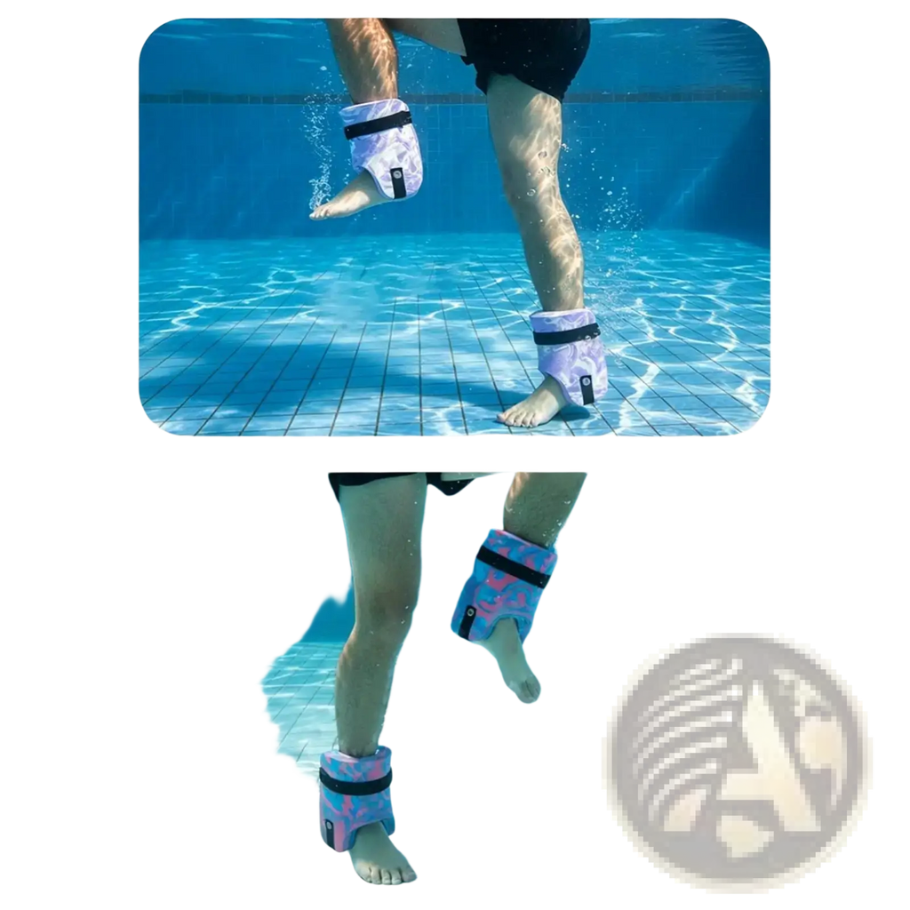 Purple and pink patterned water aerobics ankle weights with black straps for pool exercise use