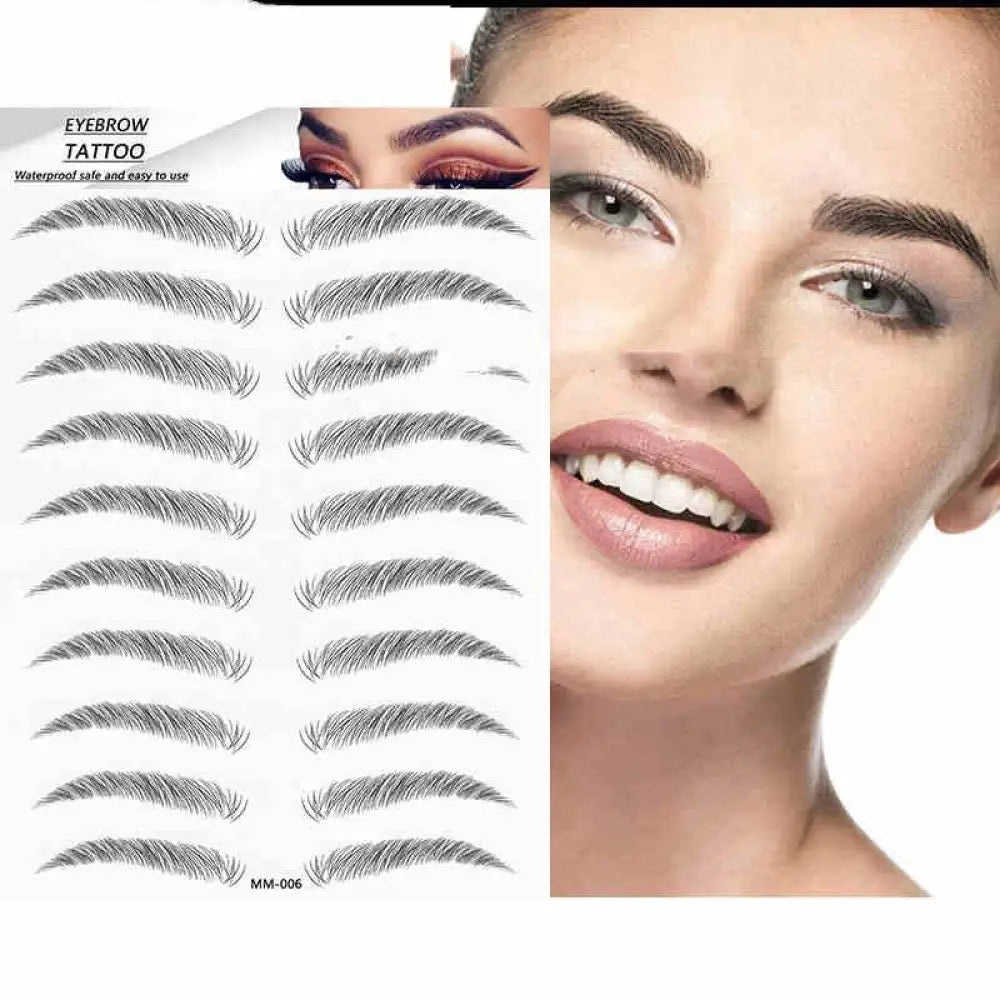 Natural waterproof 4d hair like eyebrow tattoo stickers in black and gray on a white sheet for temporary makeup application