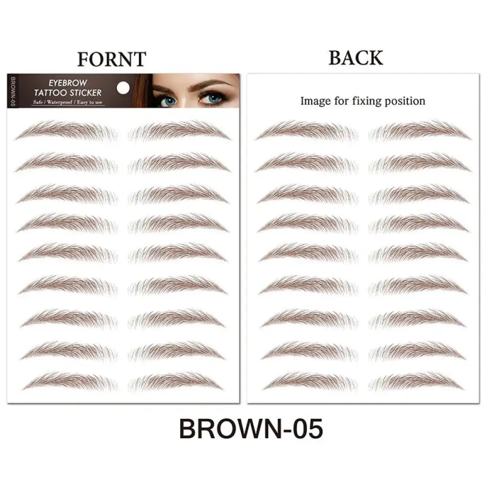 Natural waterproof 4d hair like eyebrow tattoo stickers in brown on a sheet with realistic natural-looking brow shapes