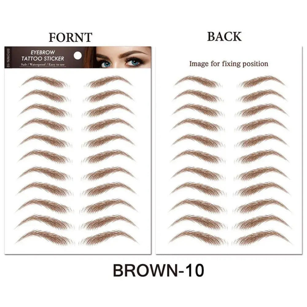 Brown waterproof 4d hair like eyebrow tattoo stickers on white backing sheet showing front design