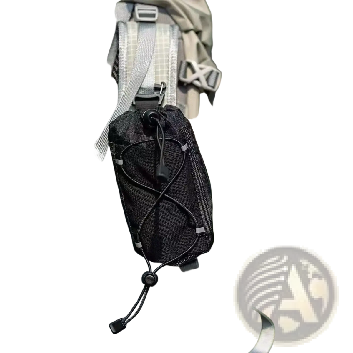 Black mesh water bottle backpack pouch made of nylon with adjustable drawstring closure and reinforced stitching