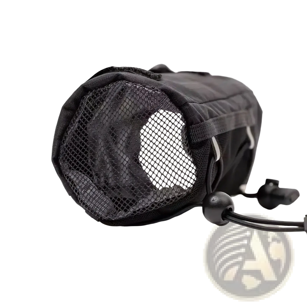 Black mesh water bottle backpack pouch with drawstring closure and reinforced nylon seams for hiking use