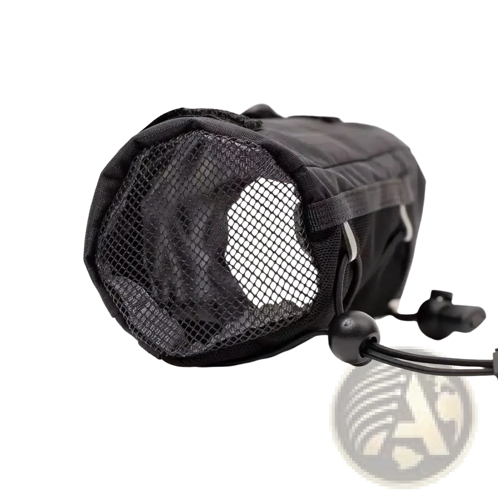 Black mesh water bottle backpack pouch with drawstring closure and reinforced nylon seams for hiking use