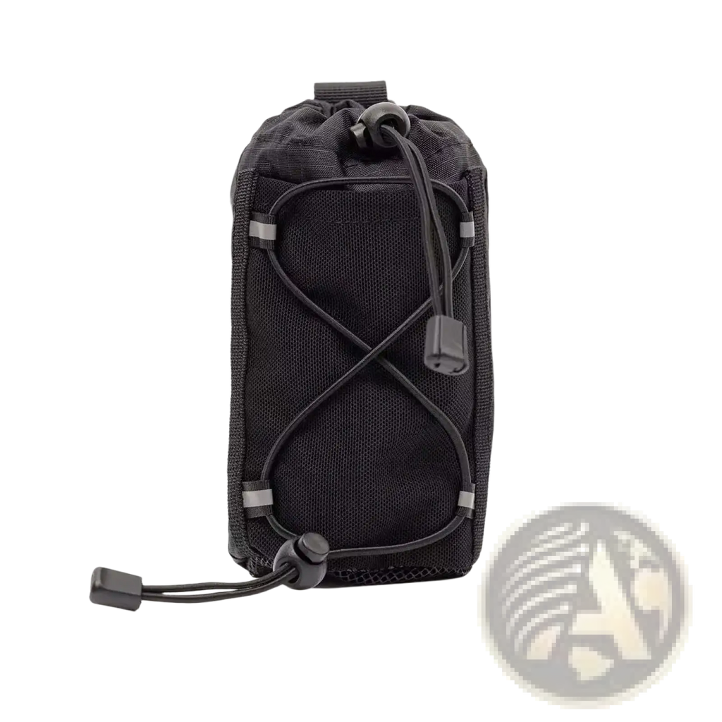 Black mesh water bottle backpack pouch with adjustable drawstring closure and reinforced gray nylon hiking straps