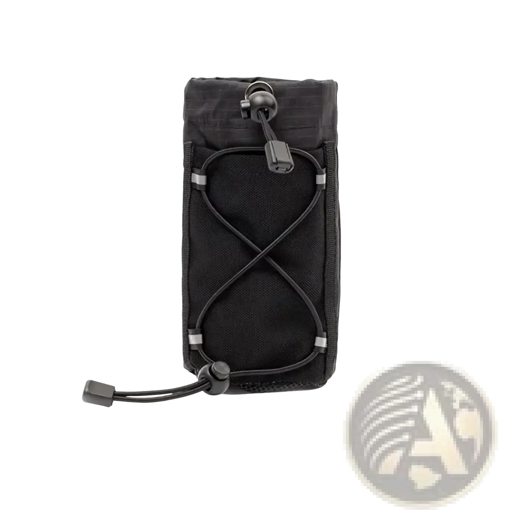Black nylon tactical water bottle backpack pouch with adjustable drawstring closure and reinforced stitching