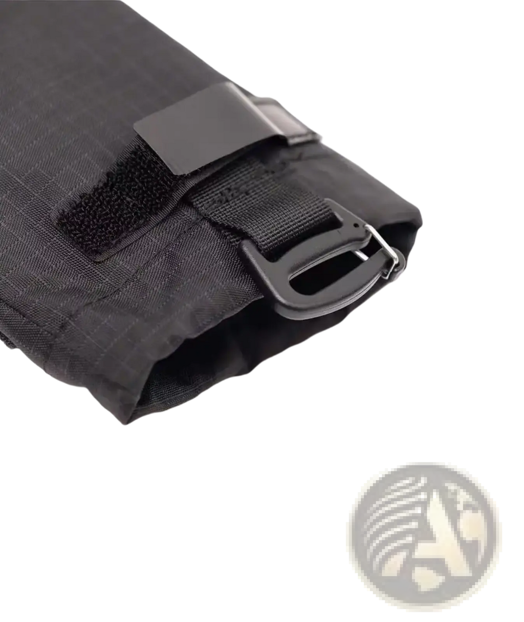 Black tactical-style sleeve of a water bottle backpack pouch made of durable nylon with adjustable strap closure