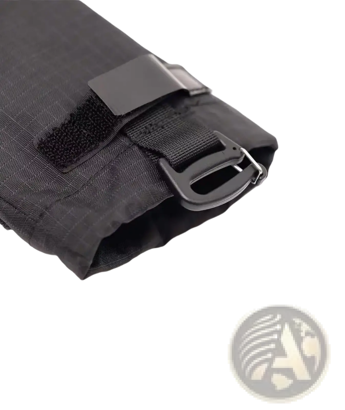 Black tactical-style sleeve of a water bottle backpack pouch made of durable nylon with adjustable strap closure