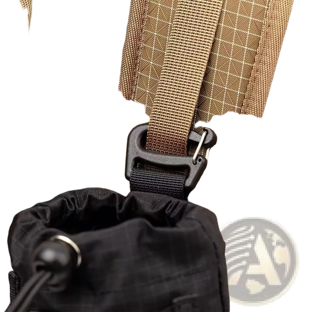 Tan grid-patterned nylon hiking water bottle backpack pouch strap with black plastic buckle and drawstring pouch