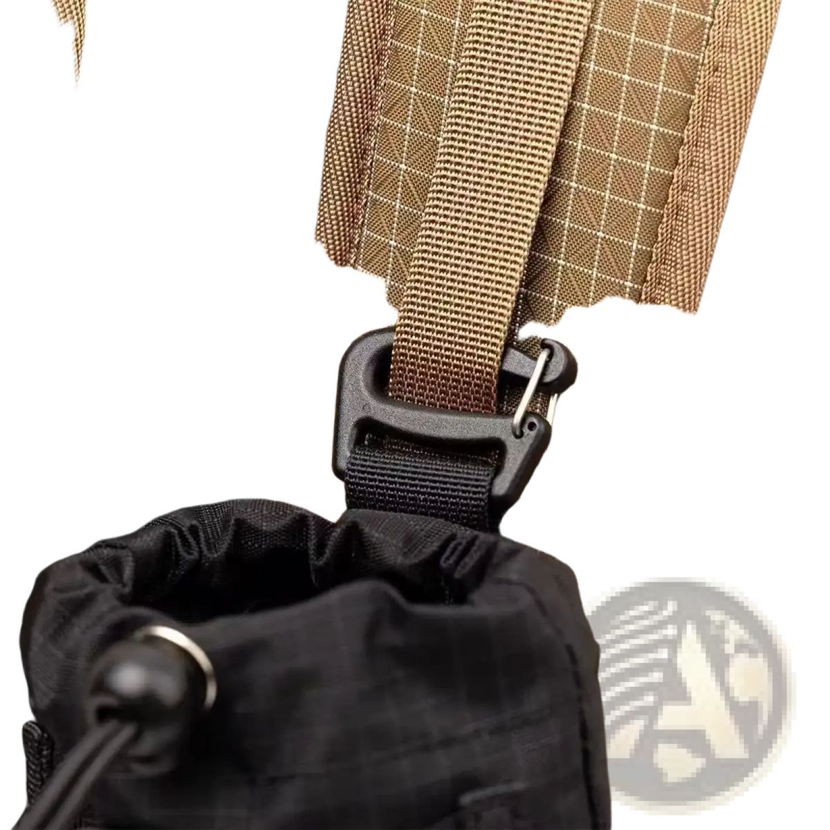 Tan grid-patterned nylon hiking water bottle backpack pouch strap with black plastic buckle and drawstring pouch