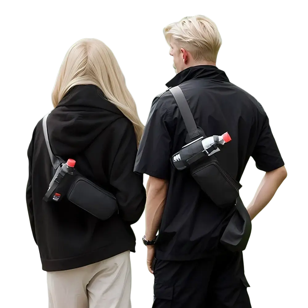 Black crossbody water bottle holder with red cap and silver buckle in minimalist fitness waist pack design