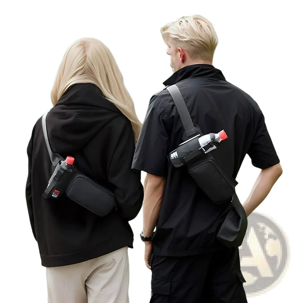 Black crossbody water bottle holder with red cap and silver buckle in minimalist fitness waist pack design