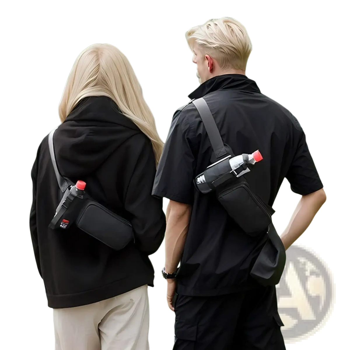 Black crossbody water bottle holder with red cap and silver buckle in minimalist fitness waist pack design
