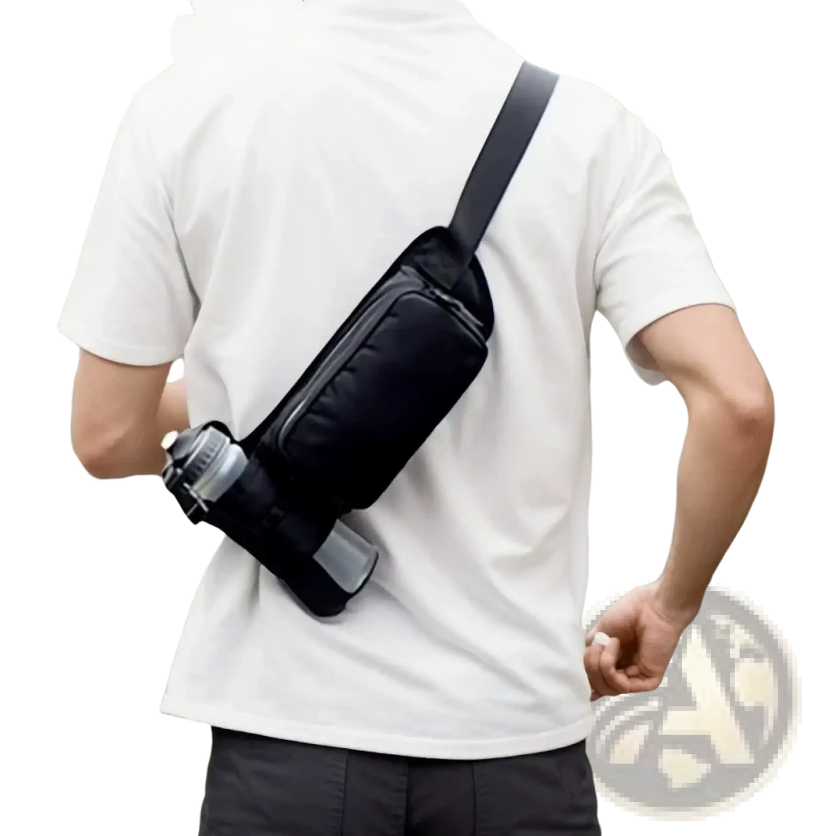 Black water bottle waist pack with sleek minimalist design and adjustable strap for fitness activities