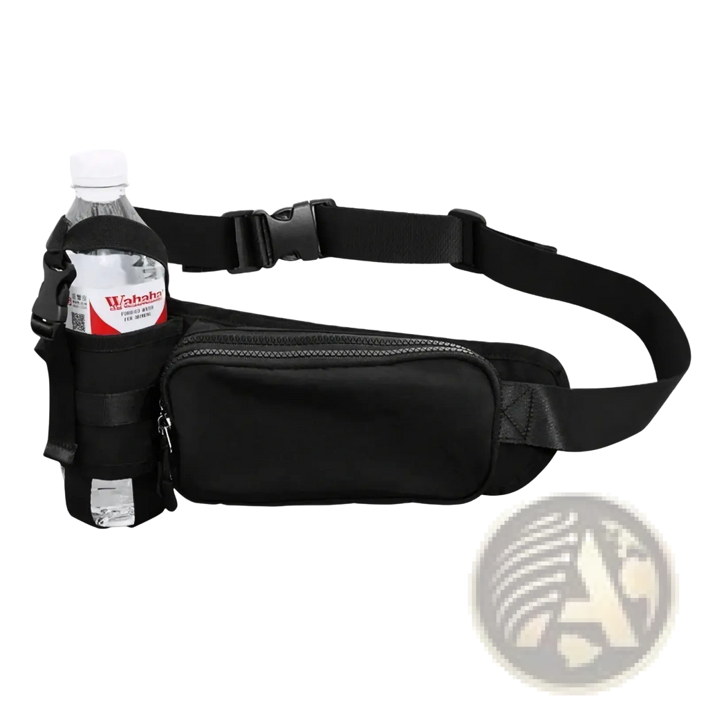 Black nylon water bottle waist pack with zipper pocket designed for minimalist fitness use