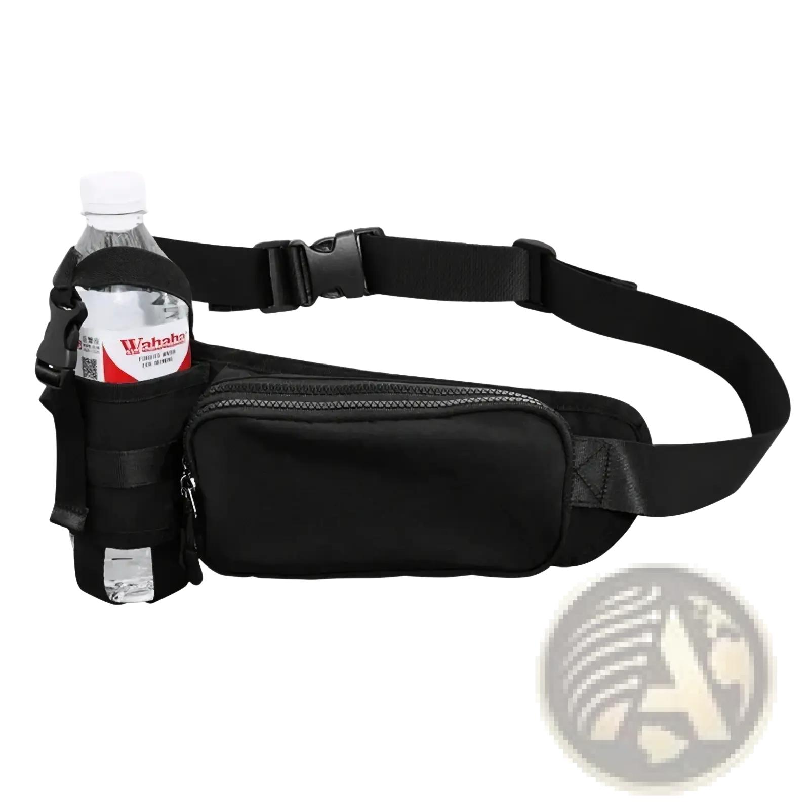 Black nylon water bottle waist pack with zipper pocket designed for minimalist fitness use