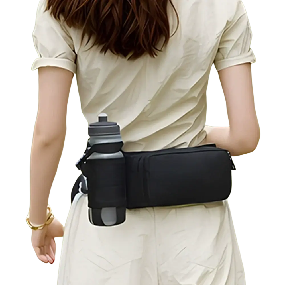 Black nylon water bottle waist pack with integrated holder for minimalist fitness use