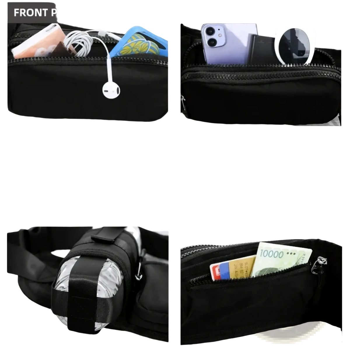 Black nylon water bottle waist pack with multiple zippered pockets and minimalist fitness design for easy storage