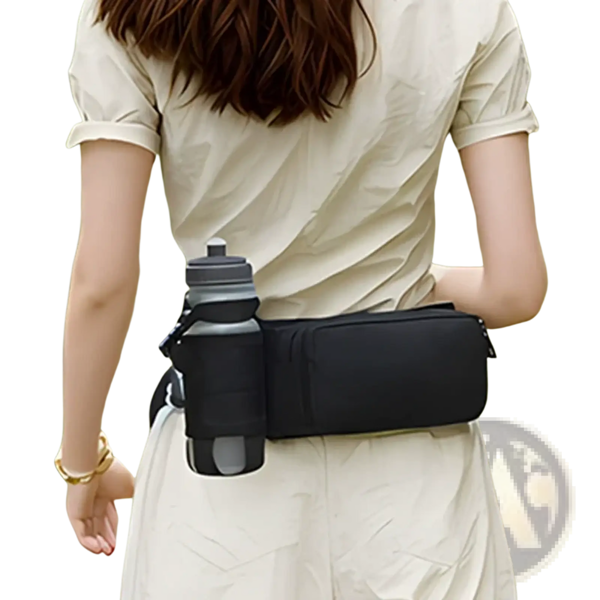 Black nylon water bottle waist pack with integrated holder for minimalist fitness use