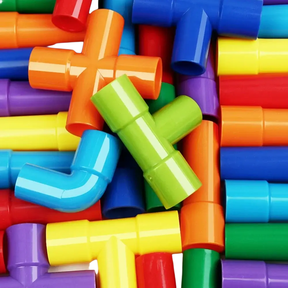 Brightly colored plastic pipe connectors in vibrant rainbow hues for diy water building blocks educational toy set