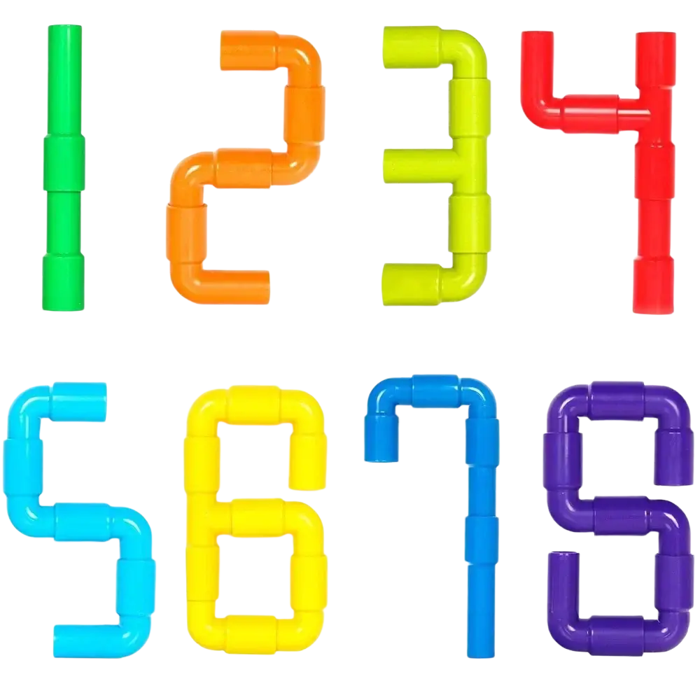 Brightly colored plastic water building blocks shaped as numbers one through nine for diy water building play