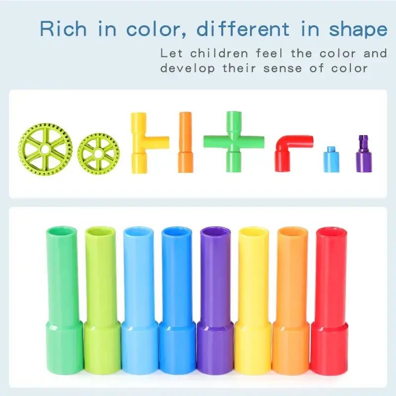 A set of colorful plastic water building blocks in various shapes for diy water building educational play