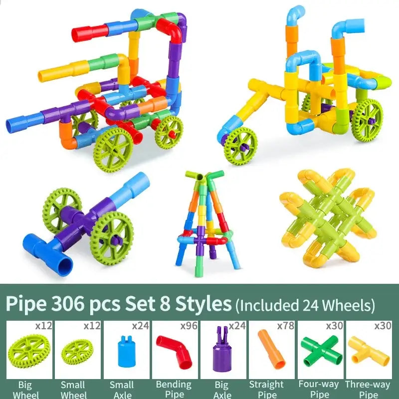 Colorful plastic water building blocks with assorted connectors and wheels for diy water building educational play