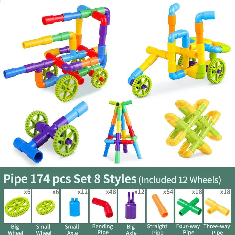 Colorful plastic diy water building blocks set with assorted connectors and wheels for educational construction play
