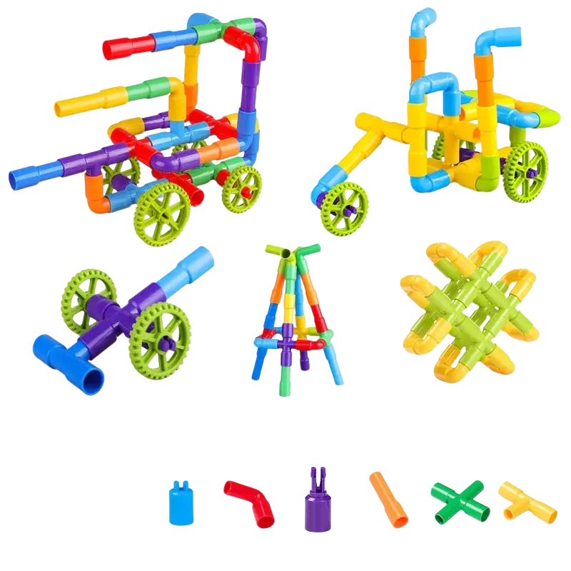 Colorful plastic diy water building blocks set with assorted connectors and wheels for educational construction play