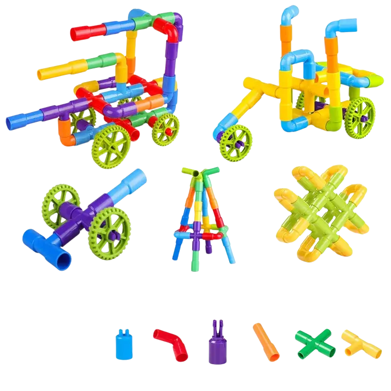Colorful plastic water building blocks set with assorted connectors and wheels for diy water building play
